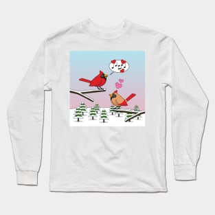 Cute Red Northern Cardinals Love Winter Landscape Long Sleeve T-Shirt